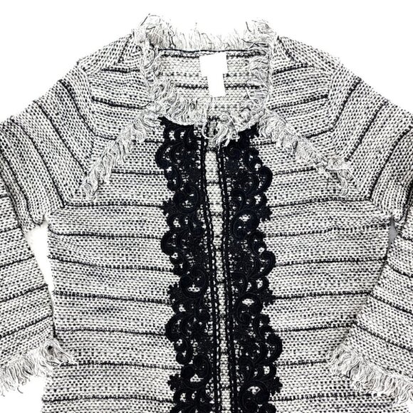 Chico's EUC Women's 0 Black White Laced Fringe Cardigan Cotton Blend Tweed - Picture 2 of 11